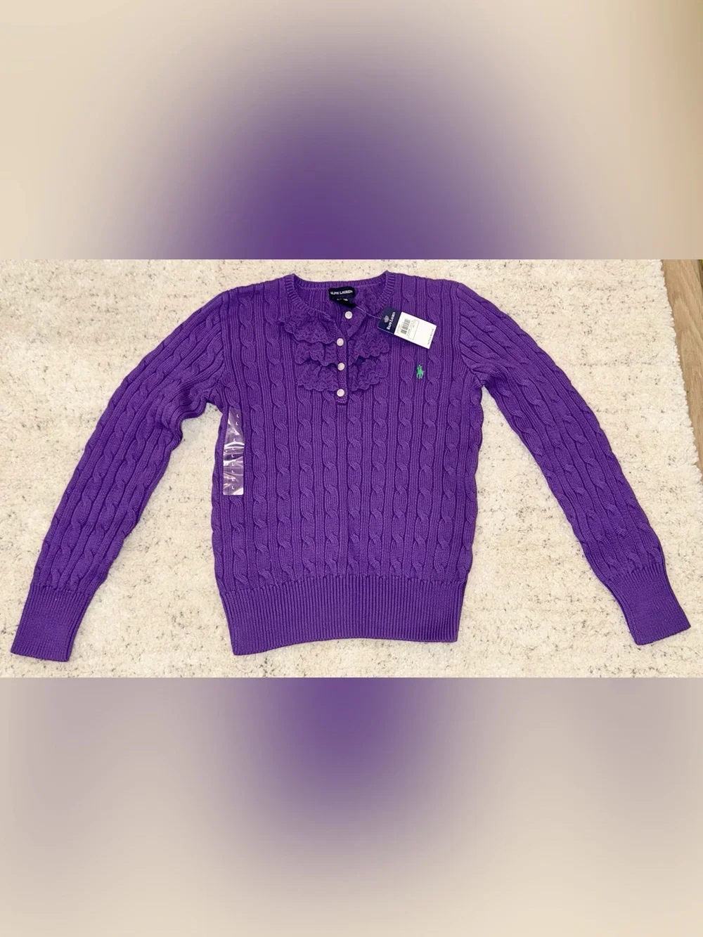 Ralph Lauren Girls Cable Knit Sweater Purple Lace Henley Pony Logo large L 12-14